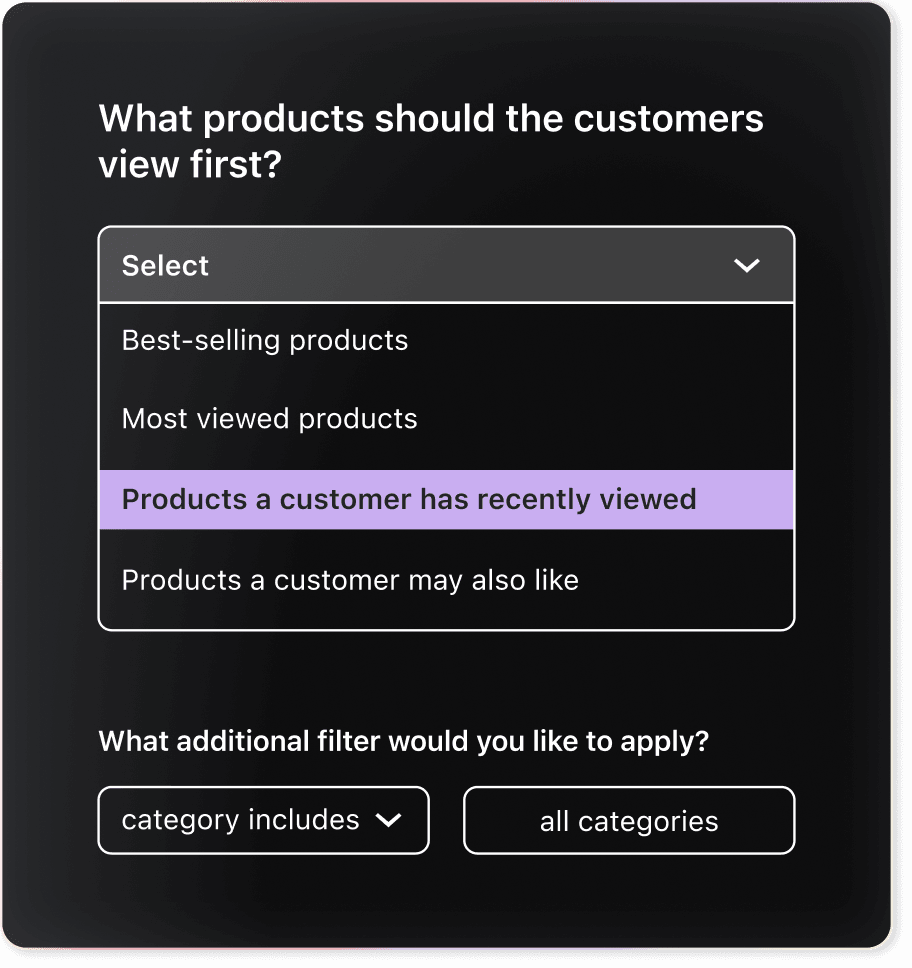 A dropdown showing different ways to recommend products: best-selling, most viewed, viewed by customers recently, or products customers may like.