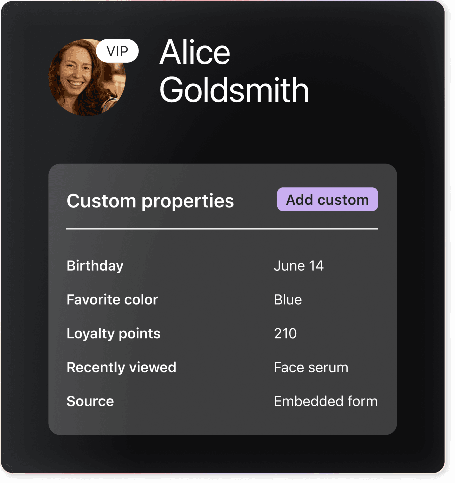 A customer profile in Klaviyo, showing revenue, orders, emails and texts received, and custom properties such as loyalty points and favorite color.